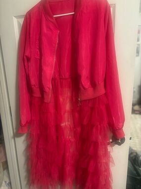 Ashley Stewart Hot Pink Layered Ruffle Bomber Jacket